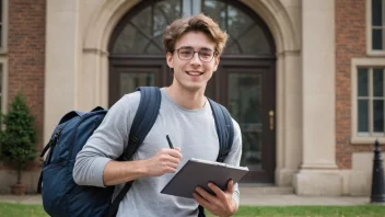 Et foto av en ung voksen som står foran en universitetsbygning, symboliserer en førstegangsstudent.