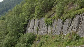 En fjellvegg med en berghylle, med vegetasjon og muligens dyreliv på den.