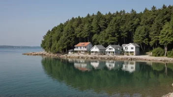 Et fredelig sjøpensjonat med noen bygninger og en brygge, omgitt av trær og en rolig sjø.