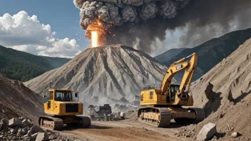 Et bilde av et fjell med en eksplosjon i bakgrunnen, med en gravemaskin og en gruvearbeider i forgrunnen.