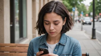 En person som holder en telefon og svarer på en melding, med en tankefull uttrykk i ansiktet.