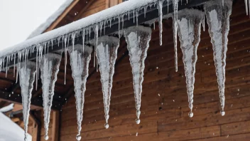 Et snødekt tak med istapper og snø som faller av.