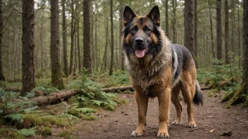 En majestetisk hund med en tykk pels, stående i en skog med en innsjø i bakgrunnen