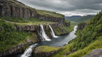 Et naturskjønt landskap av Harpefoss, som viser dens imponerende fosser og rolige omgivelser.