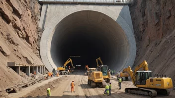 Et bilde av en tunnel under bygging, med arbeidere og maskiner til stede.