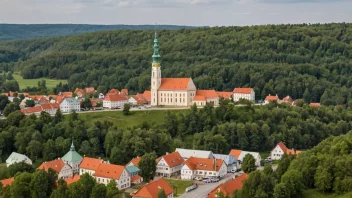 En malerisk by i Litauen med en blanding av gamle og nye bygninger.