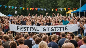 En livlig musikkfestscene med et banner som fremhever viktigheten av festivalstøtte.