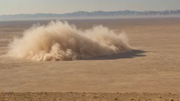 En tynn sky av støv eller sand blåser over en tørr landskap.