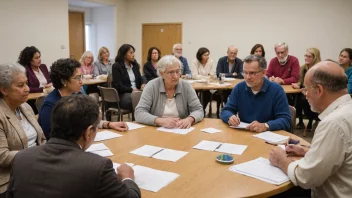 Et samfunnsmøte hvor mennesker fra ulike bakgrunner og aldre samles rundt et bord og diskuterer og tar beslutninger sammen.