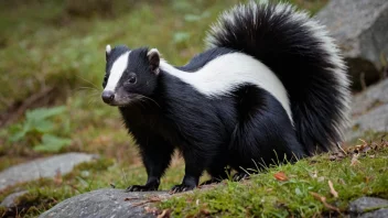 Et stinkdyr i en skog, med en tydelig utsikt over dets karakteristiske sorte og hvite striper.