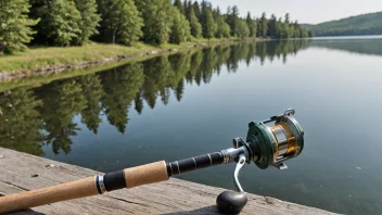 Et bilde av en fiskestang med en spole og en fiskesnøre, med en fisk som biter på kroken, i en naturskjønn utendørs setting.