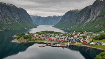 Et pittoreskt landsby i Norge med tradisjonelle hus og en storslagen natur.