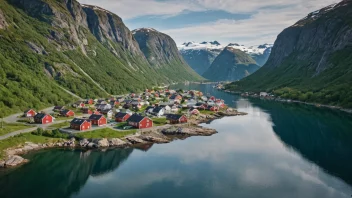 En pittoresk landsby i Norge med tradisjonelle hus og en storslagen natur.