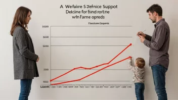 En graf som viser en nedgang i velferdsstøtte, med en familie i bakgrunnen som sliter med å få endene til å møtes.