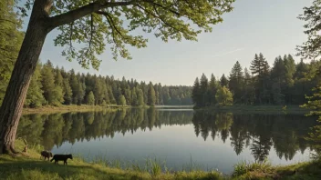 Et fredelig miljø med en balanse mellom natur og menneskelige aktiviteter relatert til jakt eller fiske.