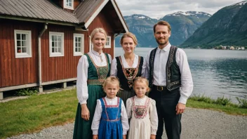 En tradisjonell trondheimsfamilie foran hjemmet sitt.