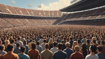 Et bilde av en stor mengde mennesker som strømmer inn på et stadion eller en konsertarena.