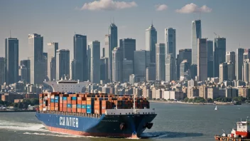 Et containerskip som frakter varer fra utviklingsland, med en bakgrunn av en by med høye bygninger og travle gater.