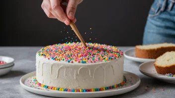 En person drysser sukker på en kake, med en dryss av fargerike sprinkles på toppen