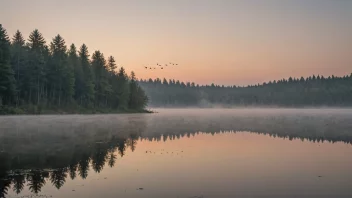 En fredfull morgen scene med en tåkete skog og en rolig innsjø