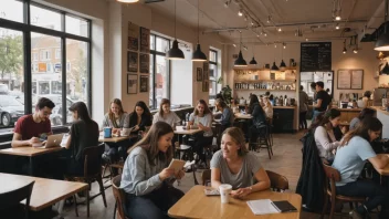 En travel kaffebar fylt med studenter som skriver på laptopene sine eller chatter med venner