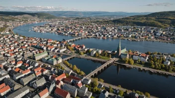 Flyfoto av Trondheim by med Nidarosdomen og Gamle Bybro