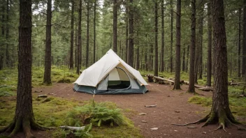 Et bivuakk i fjellet, med en enkel telt og noen vandrere i bakgrunnen.