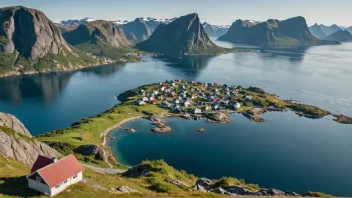 En pittoresk øy i Norge med en liten landsby og en fjord.