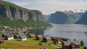 Et pittoreskt norsk sted eller område med tradisjonelle hus og en fjord i bakgrunnen.