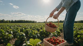 En person som plukker jordbær i en åker med en kurv og en solfylt himmel