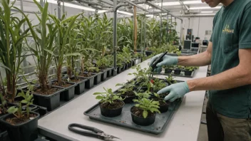 En person i et drivhus eller laboratorium, omgitt av planter eller dyr, med utstyr som mikroskoper, prøverør og hansker.