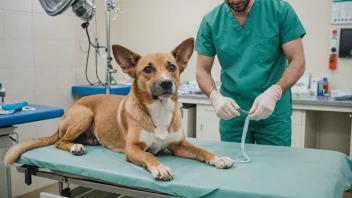 En veterinær på en klinik, kastrerer en hund på et operasjonsbord