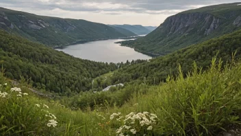 Et Finnbråten-område i fjellet, kjennetegnet av unik vegetasjon og en fredelig atmosfære.