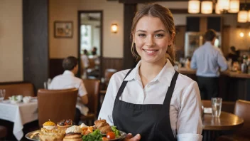 En hyggelig servitrise på en travel restaurant, med et varmt smil og en tallerken med deilige mat og forfriskende drikke