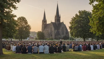 Et fredelig landskap med en kirke i bakgrunnen, hvor mennesker er samlet for bønn og refleksjon.