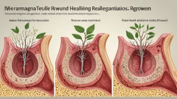 Et bilde som viser de forskjellige stadiene av sårhelbredelse, fra betennelse til vevsregenerering.