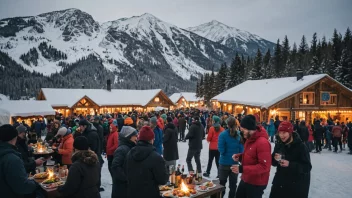 En gruppe venner som har det gøy på en afterskiing på fjellet.