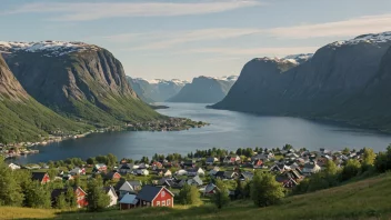 Et fredelig norsk landskap med en liten landsby i bakgrunnen.