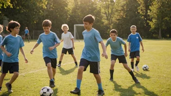 En gruppe barn som spiller fotball, med en trener som står på sidelinjen.