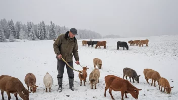 En bonde mater dyr i et snølandskap, med en låve i bakgrunnen.