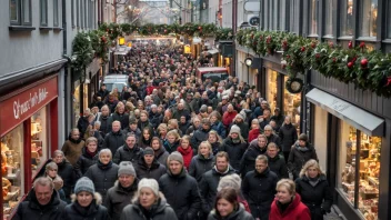 En festlig og kaotisk scene i en norsk handlegate under julesesongen.