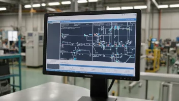 En dataskjerm som viser en programvare for produksjon med en fabrikkbakgrunn