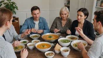 En gruppe mennesker samlet rundt et bord, engasjert i en diskusjon om supper.