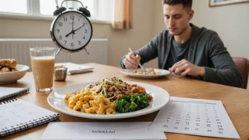 En person som spiser et måltid ved et bord med en klokke og en kalender i nærheten.