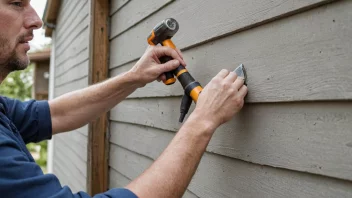 En person i en gul vest og en hard hatt, som utfører vedlikeholdsarbeid på et hus.