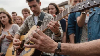 En person som spiller gitar med en folkemengde i bakgrunnen.