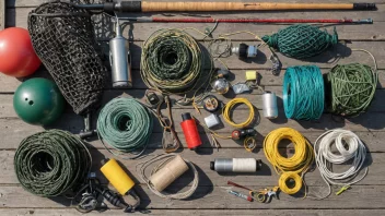 Fiskeriutstyr, inkludert nett, liner og fiskeutstyr, lagt ut på en brygge eller båt.