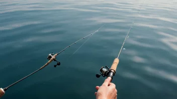 En fiskeline med en spole og line, med en fisk som biter på kroken, i en fredelig innsjø eller havmiljø.