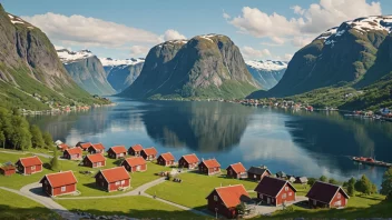 En tradisjonell norsk landsby med mennesker i tradisjonelle klær, omgitt av fjell og fjorder.