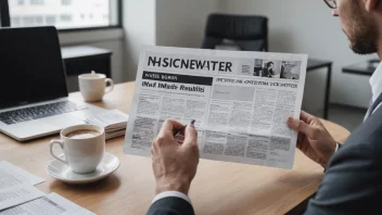 En person leser en nyhetsbrev eller bulletin i et moderne kontormiljø.